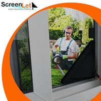 Gardener passing power tool cable through ScreenLet window accessory.