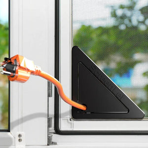 ScreenLet in action, facilitating power cord access through a window screen.